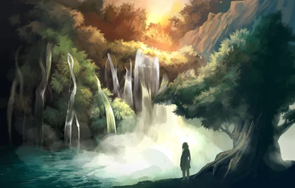 Картинка лес, водопад, арт, девочка