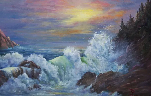 Волны, небо, брызги, океан, краски, арт, Jean Powers, Ocean View