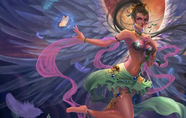 Картинка девушка, бабочка, крылья, ангел, перья, angel