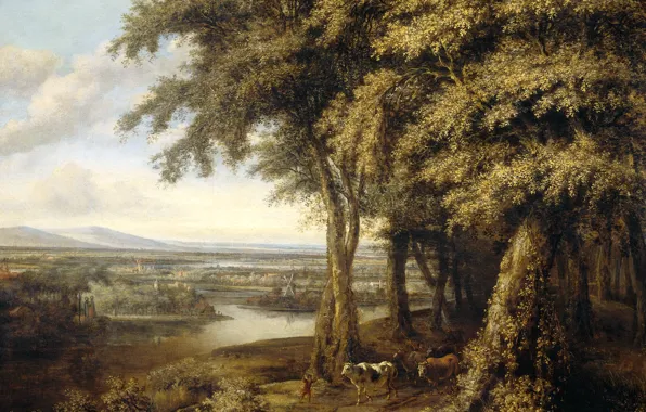 Картинка пейзаж, природа, картина, Конинк Филипс, Лесной Пейзаж с Видом на Реку