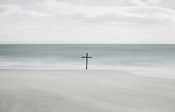 Обои море, берег, крест на телефон и рабочий стол, раздел минимализм,  разрешение 2634x1756 - скачать