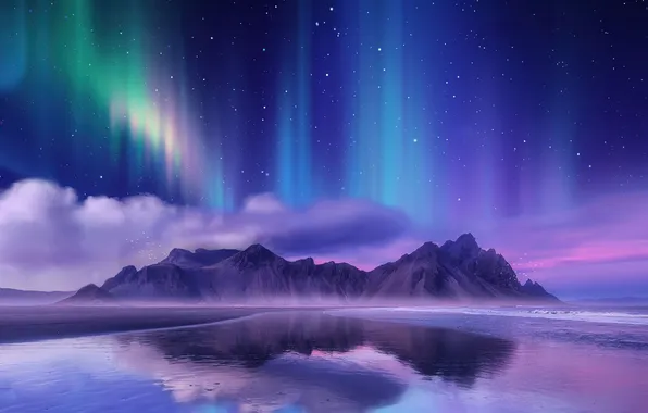 Картинка colorful, sky, landscape, nature, water, mountains, clouds, stars