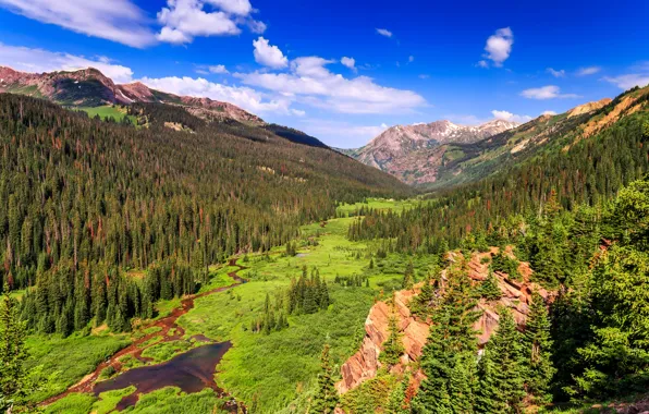 Облака, деревья, горы, скалы, долина, Колорадо, США, речка