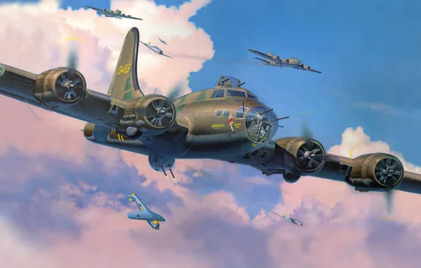 Рисунок, истребители, бомбардировщики, перехват, fw-190, Летающая крепость, Boeing B-17 Flying Fortress