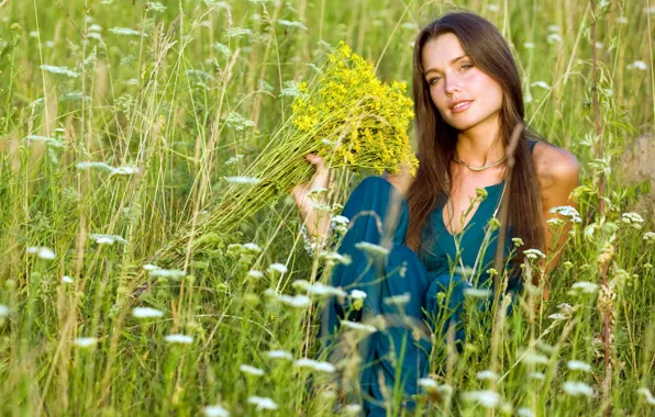 Картинка поле, лето, девушка, цветы
