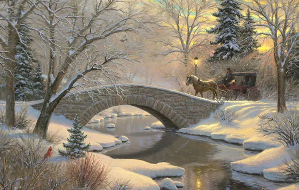 Картинка зима, лес, снег, закат, мост, река, птица, лошадь