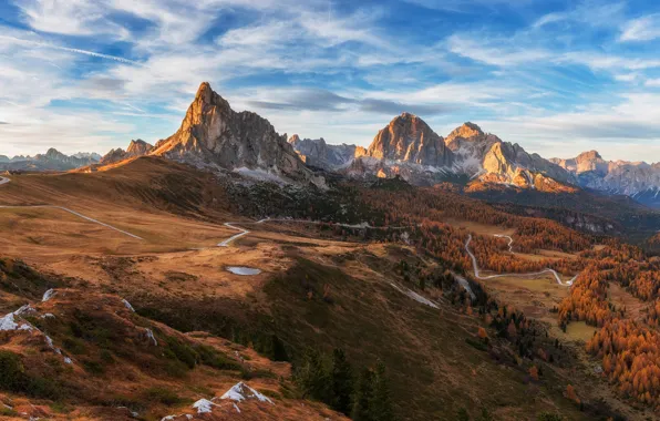 Осень, лес, небо, облака, горы, долина, Альпы, леса