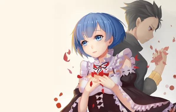 Фон, аниме, лепестки, арт, двое, Субару, Re: Zero kara Hajimeru Isekai Seikatsu, рем