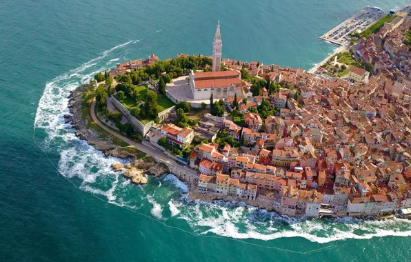 Море, дома, панорама, Хорватия, Ровинь