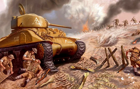 Война, рисунок, арт, солдаты, танк, Шерман, Sherman, американский средний танк