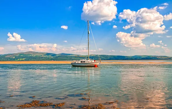 Небо, облака, побережье, яхта, Великобритания, солнечно, Aberdyfi