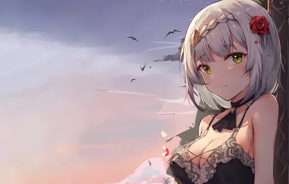 Girl, sexy, cleavage, blouse, sky, boobs, sunset, anime