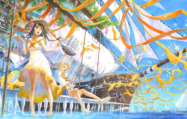 Картинка цветы, птицы, девушки, корабль, шляпа, аниме, арт, kyouya kakehi