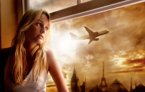 Картинка окно, блондинка, самолёт
