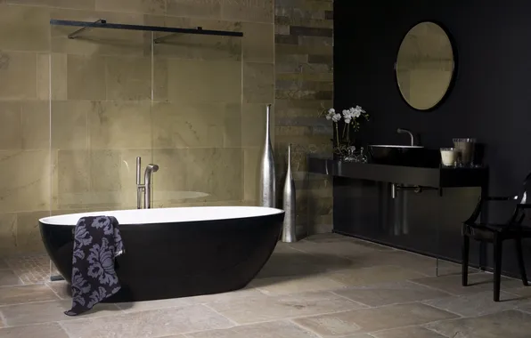 Дизайн, черный, камень, интерьер, ванна, ванная комната