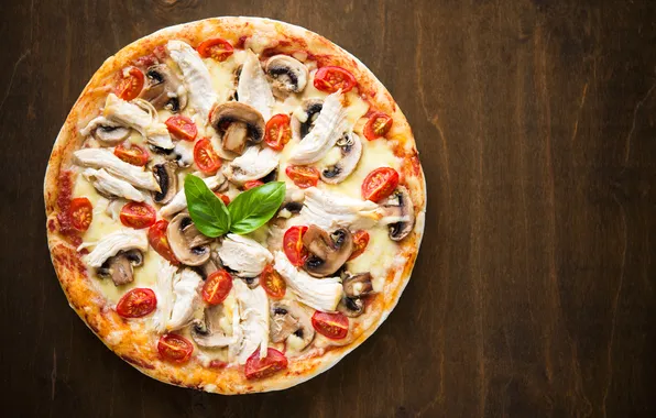 Картинка грибы, сыр, мясо, пицца, помидоры, pizza, cheese, tomato