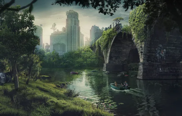 City, fantasy, river, trees, nature, bridge, art, boat