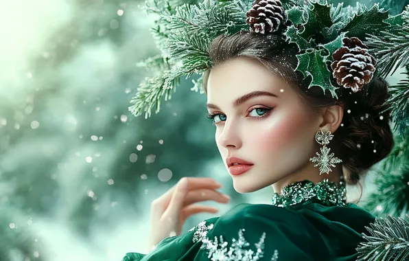 Зима, взгляд, листья, девушка, снег, природа, рука, портрет