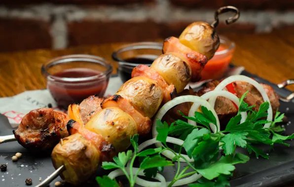 Зелень, лук, мясо, шашлык, картофель