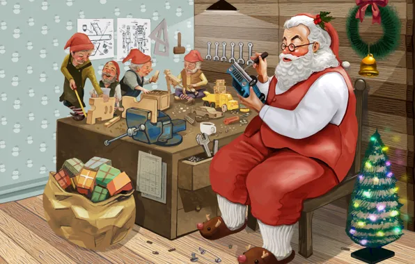 Картинка Очки, Мастерская, Рождество, Новый год, Борода, Праздник, Подарки, Санта-Клаус