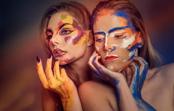 Краска, макияж, арт, две девушки, Three of Five Colors