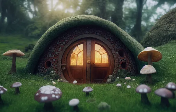 Картинка house, grass, Hobbiton, mushroom, ai art