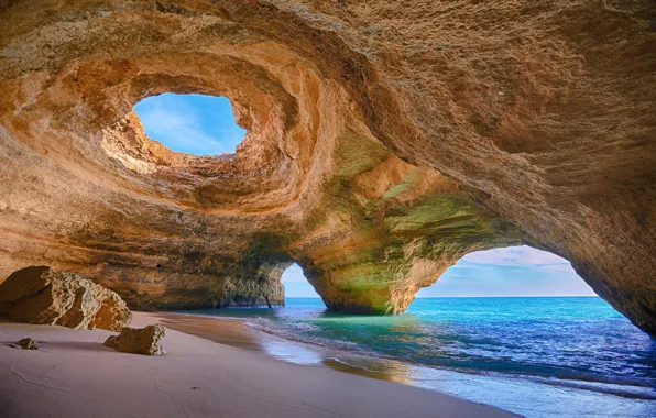 Картинка песок, море, скала, камни, берег, арка, Португалия, portugal