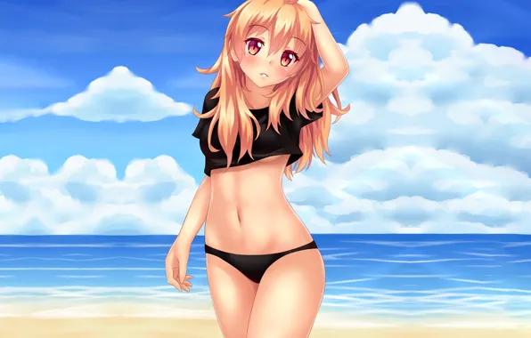 Girl, sexy, beach, long hair, sea, anime, beautiful, pretty