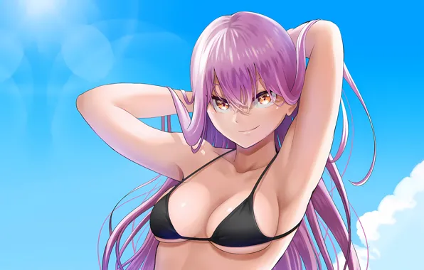 Girl, sexy, cleavage, sky, long hair, boobs, anime, beautiful