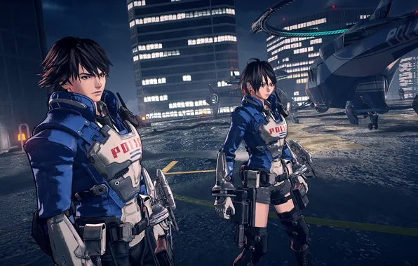 Девушка, город, фантастика, броня, парень, Astral Chain