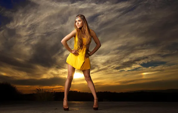 Картинка Girl, Clouds, Sky, Model, Sunset, Yellow, Dress, Photoshoot