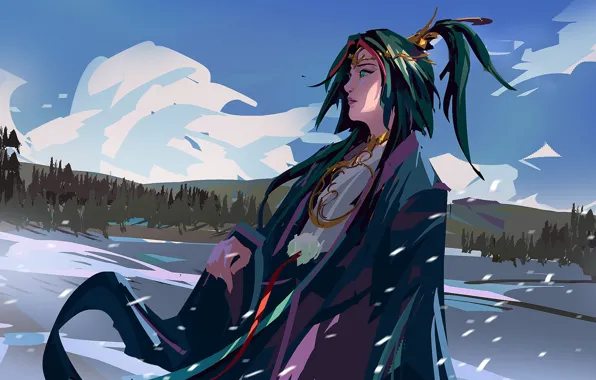 Картинка зима, снег, украшения, жрица, длинные волосы, японская одежда, голубое небо, амулеты
