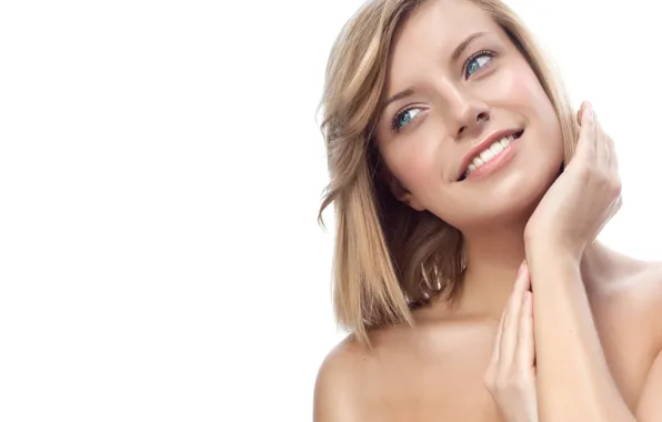 Взгляд, девушка, улыбка, фон, руки, блондинка