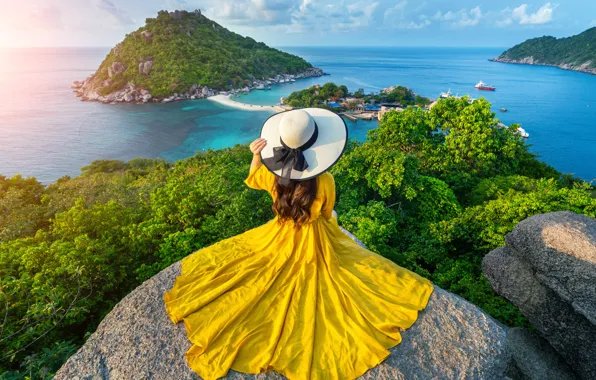 Картинка море, девушка, пейзаж, камни, остров, шляпа, Тайланд, валуны