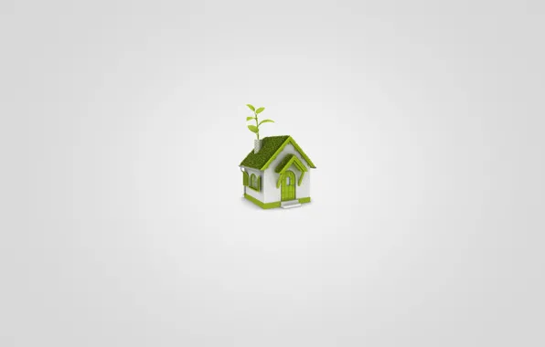 Белый, трава, листья, зеленый, дом, минимализм, домик, светлый фон
