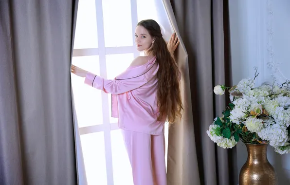 Long hair, flowers, model, brunette, gorgeous, photoshoot, posing, beautiful face
