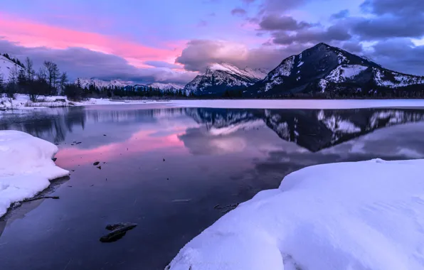 Картинка зима, снег, горы, озеро, отражение, Канада, Альберта, Banff National Park