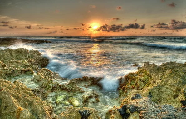 Картинка закат, камни, океан, Hawaii, Maui