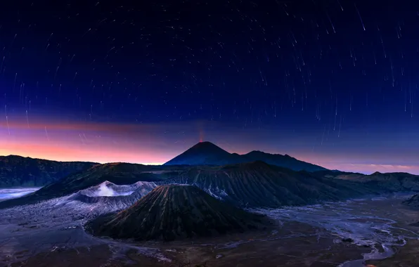 Картинка небо, звезды, ночь, вулкан, Индонезия, Бромо, Ява, Indonesia