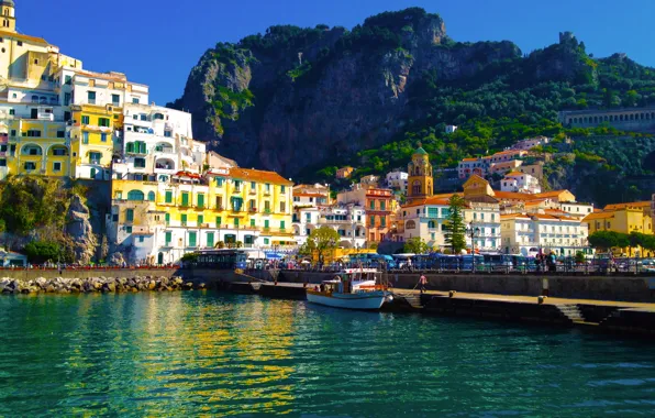 Картинка город, дома, причал, Италия, пирс, Amalfi