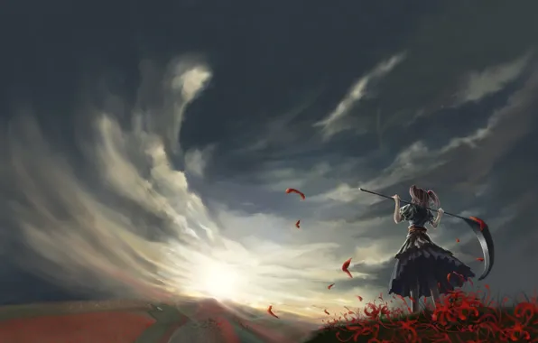 Картинка поле, небо, облака, ветер, коса, onozuka komachi