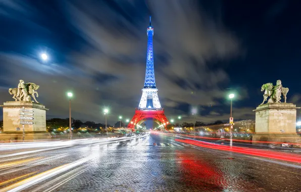 Свет, ночь, огни, Франция, Париж, фонари, Эйфелева башня