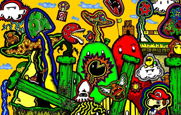 Фантазия, грибы, марио, фигуры, mario, abstraction, психоделика, psychedelic