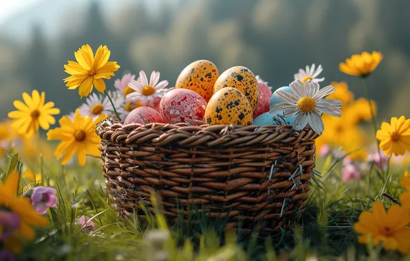 Картинка цветы, яйца, весна, colorful, Пасха, happy, flowers, spring