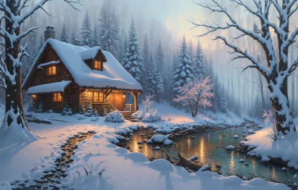 Картинка House, wallpaper, Winter, Snow, picture, Trees, Illustrations