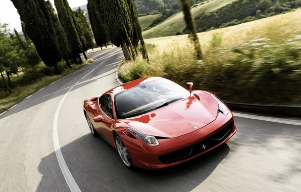 Картинка дорога, машина, пейзаж, разметка, обои, Феррари, Ferrari, суперкар