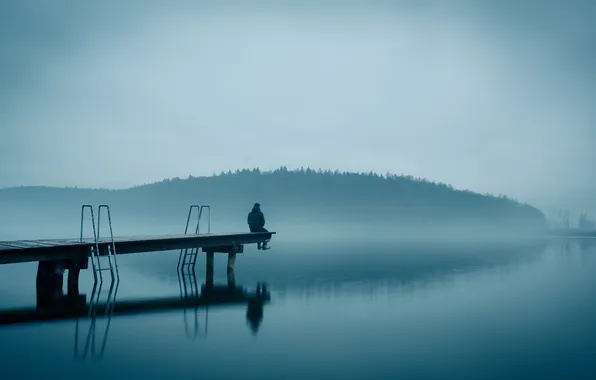 Картинка мост, природа, туман, озеро, человек