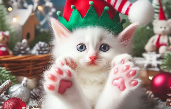 Кошка, белый, взгляд, поза, котенок, лапки, Рождество, милый
