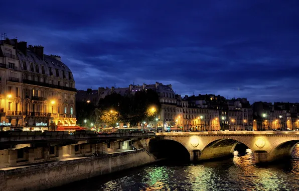 Картинка ночь, мост, огни, отражение, река, Париж