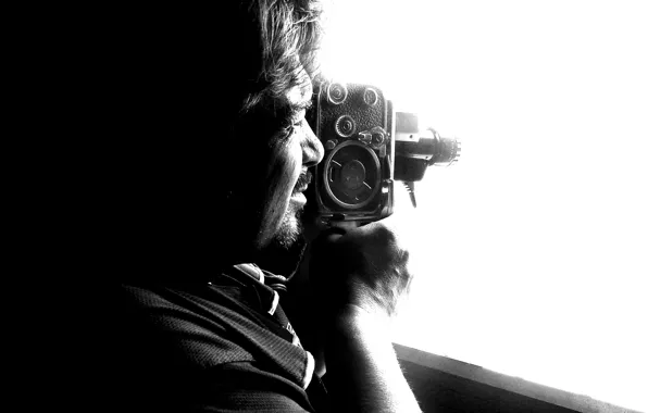Camera, man, filmmaker, white and black